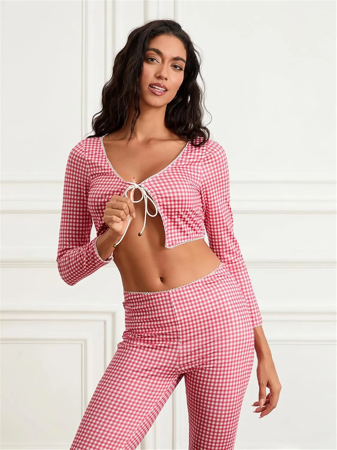 Y2k Capri Pants for Women Trendy Gingham Skinny Cropped Pants High Waist Pull On Capris Trousers Coquette Streetwear