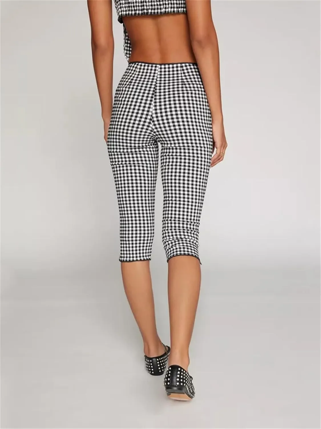 Y2k Capri Pants for Women Trendy Gingham Skinny Cropped Pants High Waist Pull On Capris Trousers Coquette Streetwear