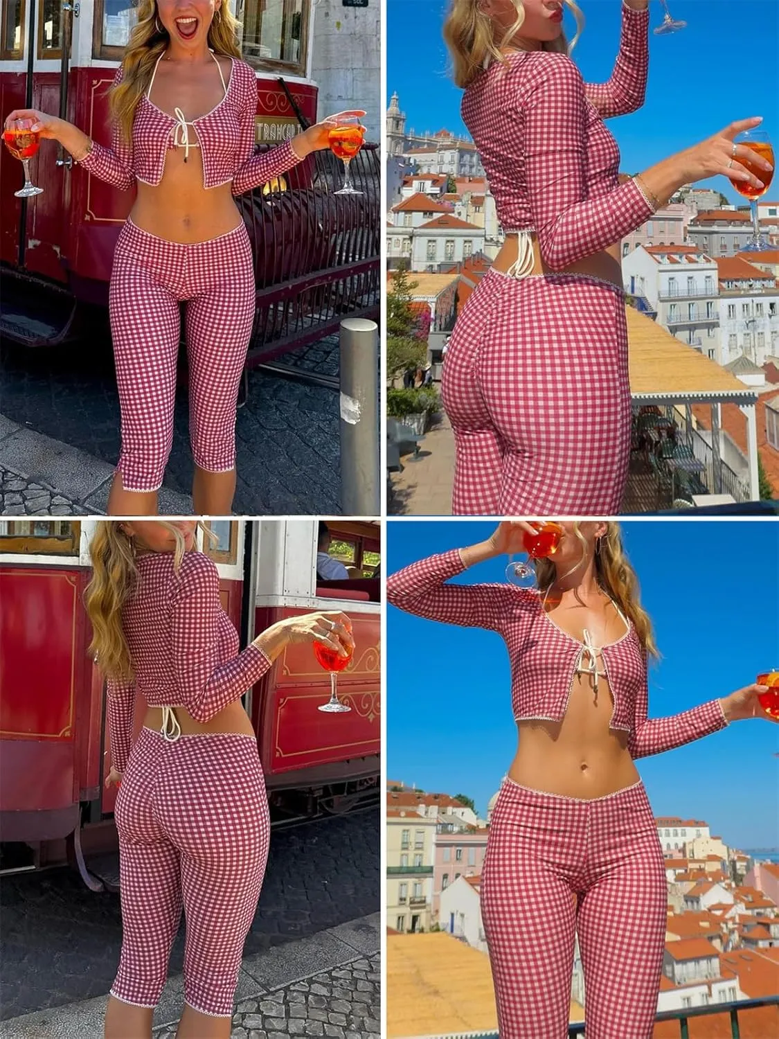 Y2k Capri Pants for Women Trendy Gingham Skinny Cropped Pants High Waist Pull On Capris Trousers Coquette Streetwear