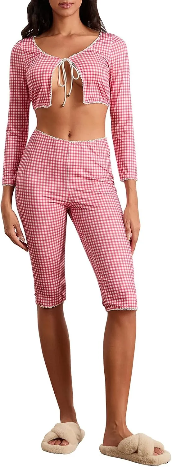 Y2k Capri Pants for Women Trendy Gingham Skinny Cropped Pants High Waist Pull On Capris Trousers Coquette Streetwear