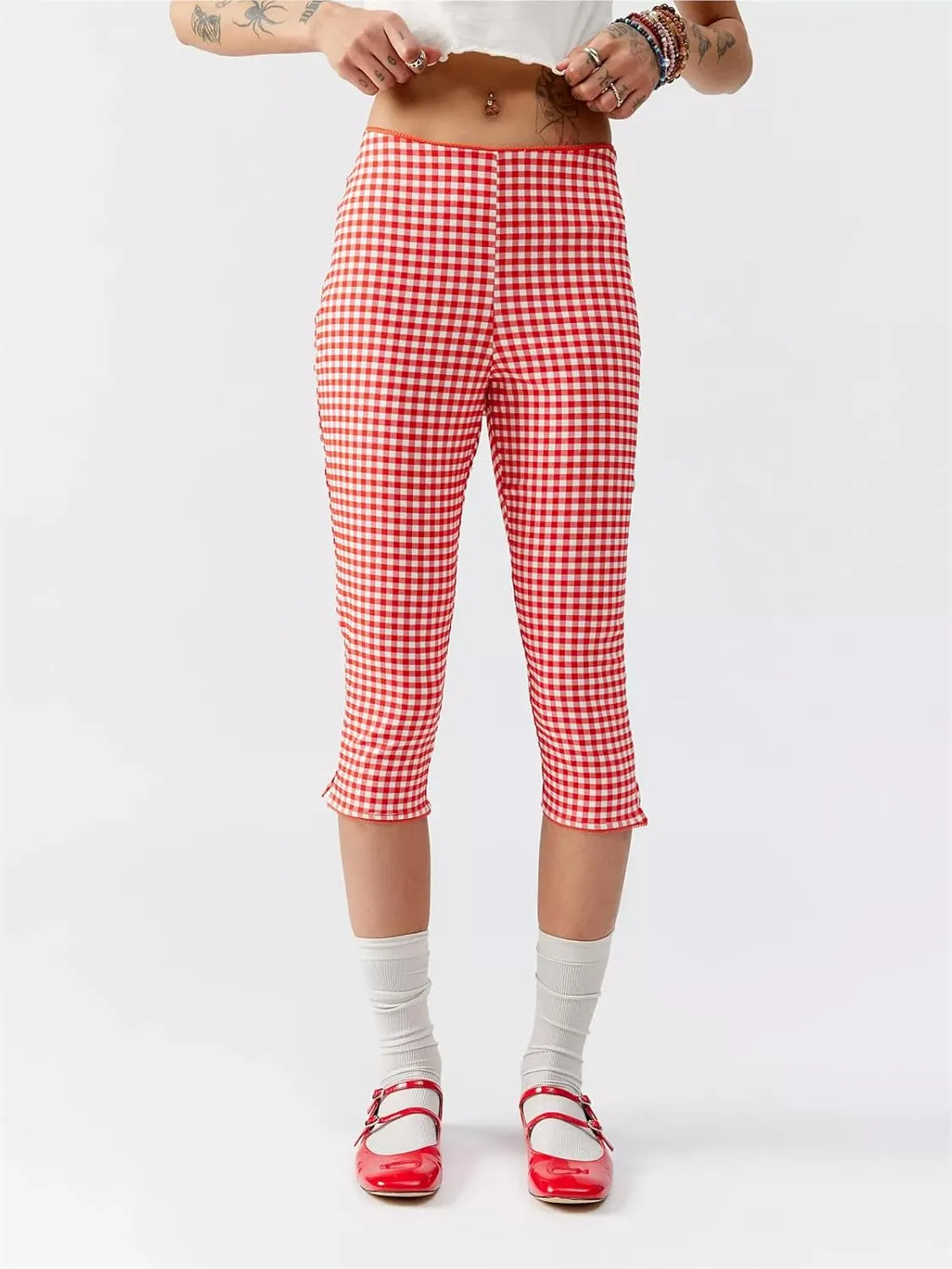 Y2k Capri Pants for Women Trendy Gingham Skinny Cropped Pants High Waist Pull On Capris Trousers Coquette Streetwear