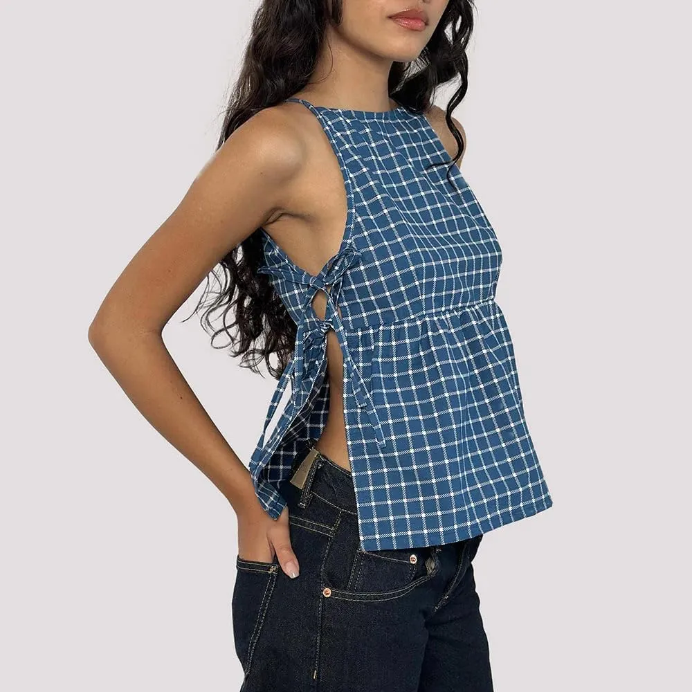 Y2k Women Tie Side Tank Top Crop Cute Sleeveless Lace Up Loose Vest Split Square Neck Going Out Shirts Summer