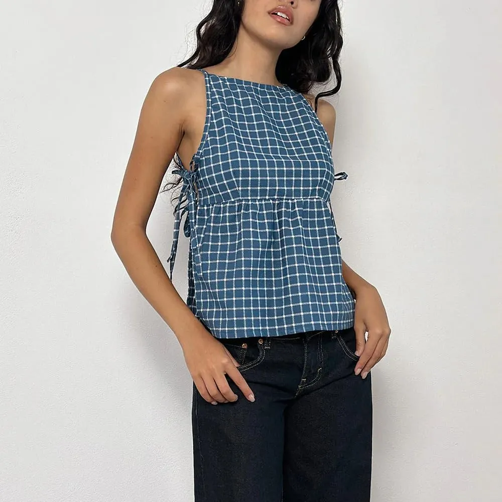 Y2k Women Tie Side Tank Top Crop Cute Sleeveless Lace Up Loose Vest Split Square Neck Going Out Shirts Summer