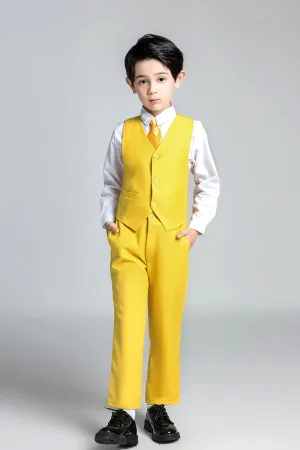 Yellow Classic 4 Piece Boy's Suits With Vest Pants Shirt Tie