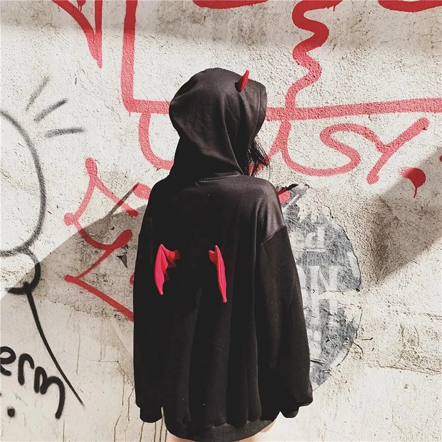 YEMOCILE Women Devil Wing Hooded Sweatshirt Casual Loose Long Sleeve Hoodies Pullover Tops