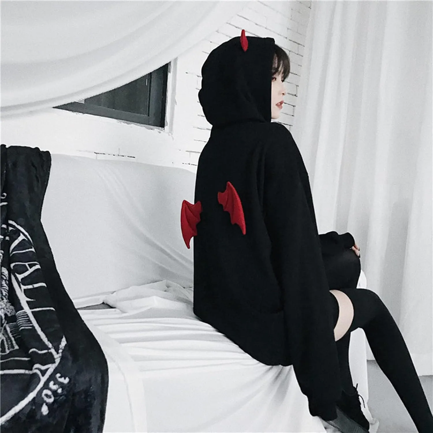 YEMOCILE Women Devil Wing Hooded Sweatshirt Casual Loose Long Sleeve Hoodies Pullover Tops