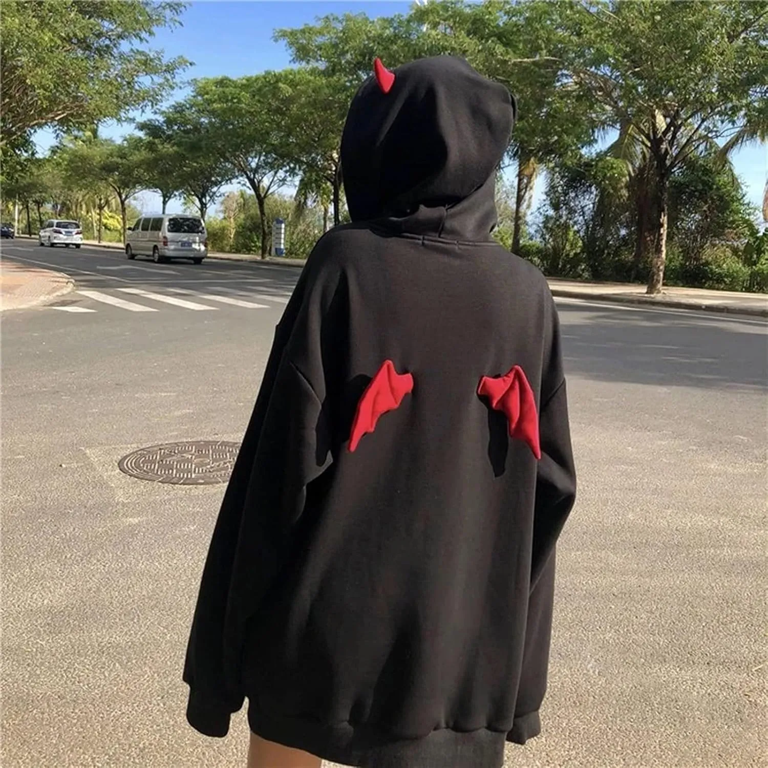 YEMOCILE Women Devil Wing Hooded Sweatshirt Casual Loose Long Sleeve Hoodies Pullover Tops