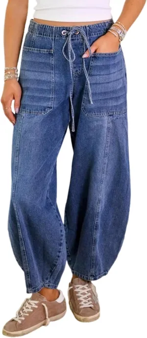 Yeokou Women Stretchy Jeans Drawstring Elastic Waist Denim Pants Cropped Casual Harem Trousers with Pockets