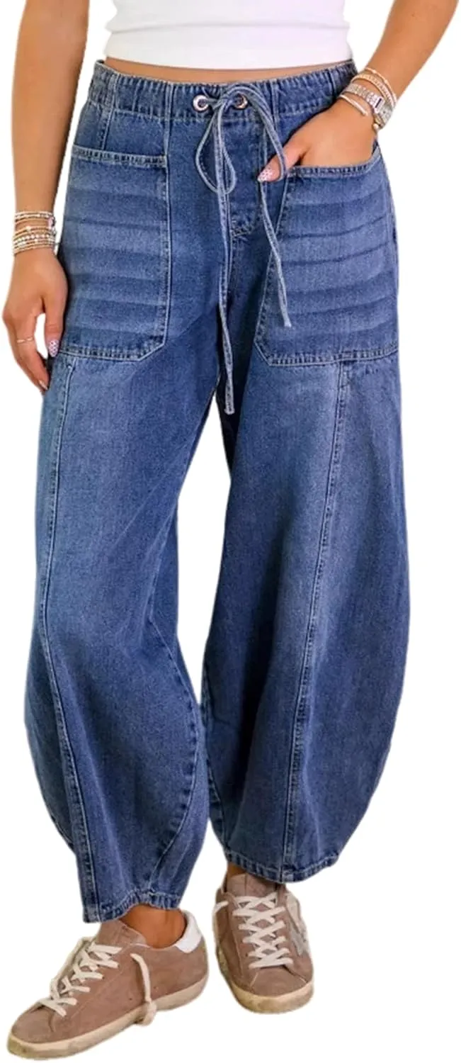 Yeokou Women Stretchy Jeans Drawstring Elastic Waist Denim Pants Cropped Casual Harem Trousers with Pockets