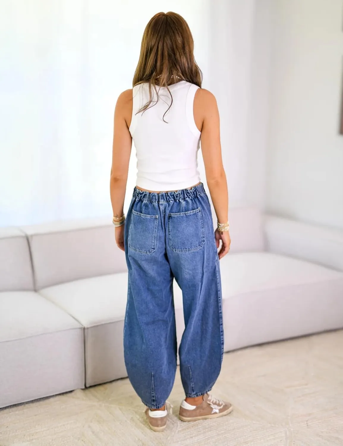 Yeokou Women Stretchy Jeans Drawstring Elastic Waist Denim Pants Cropped Casual Harem Trousers with Pockets