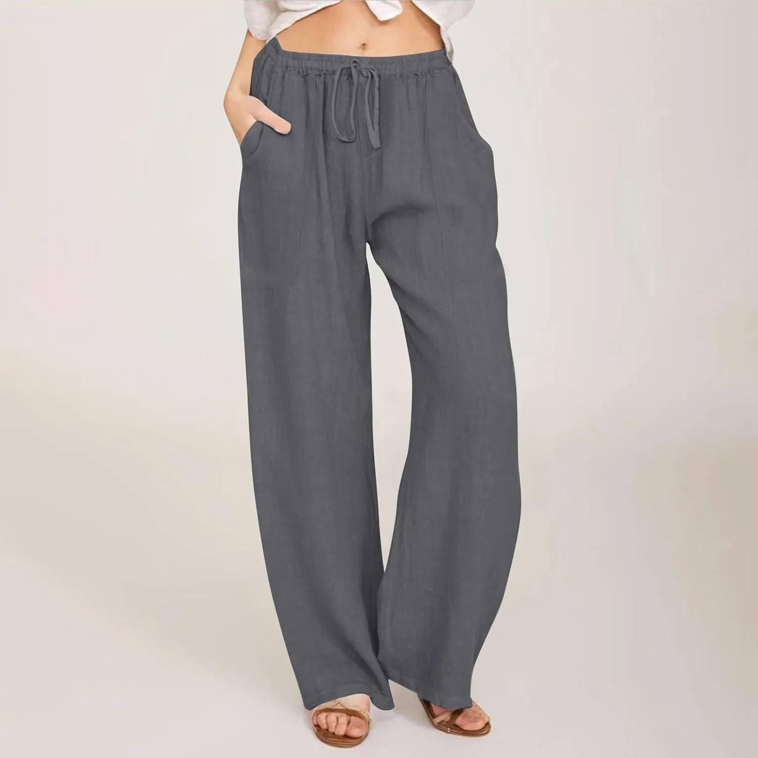 Yoga Pants for Women Low Rise Work Straight Leg Summer, Palazzo Pants for Women Linen Cotton Plus Size Trousers