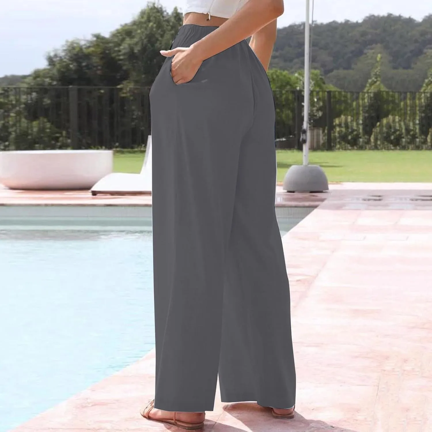 Yoga Pants for Women Low Rise Work Straight Leg Summer, Palazzo Pants for Women Linen Cotton Plus Size Trousers