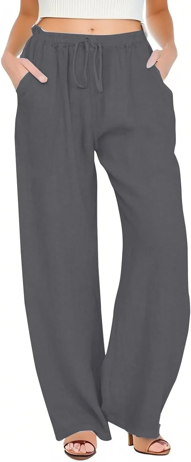 Yoga Pants for Women Low Rise Work Straight Leg Summer, Palazzo Pants for Women Linen Cotton Plus Size Trousers