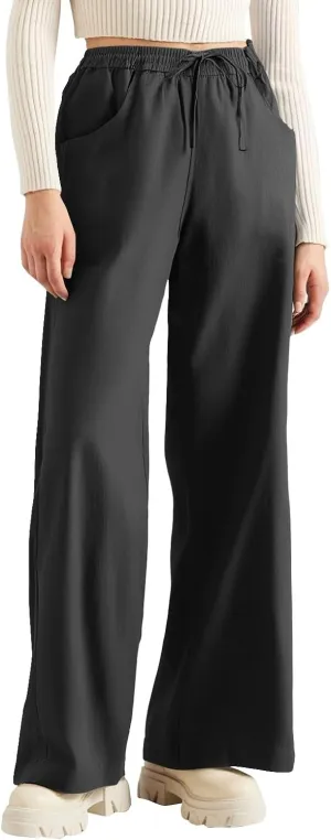 Yoga Pants with Pockets for Women High Waisted Flowy, Khaki Pants Cotton Linen Cargo Trousers Wide Leg Summer