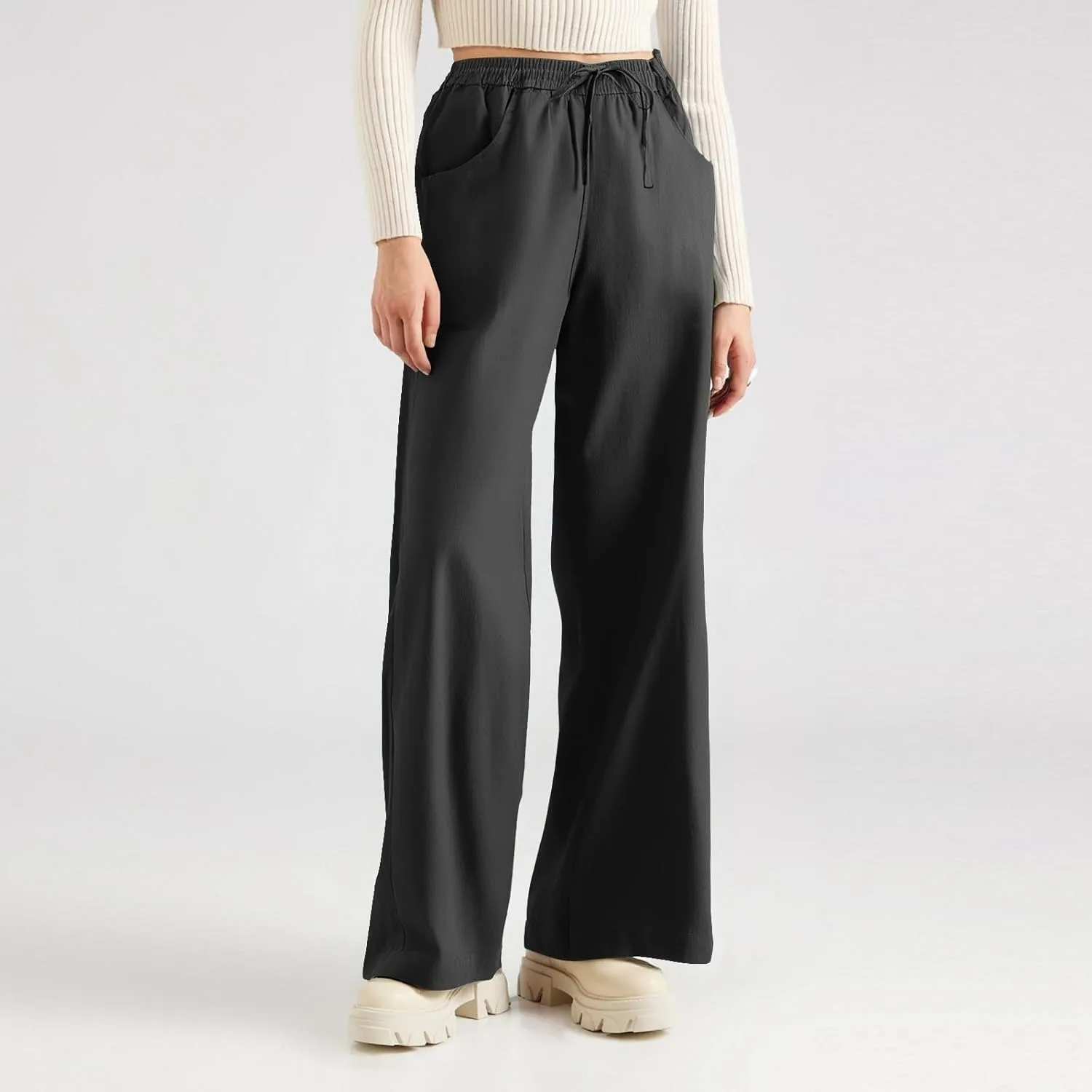 Yoga Pants with Pockets for Women High Waisted Flowy, Khaki Pants Cotton Linen Cargo Trousers Wide Leg Summer