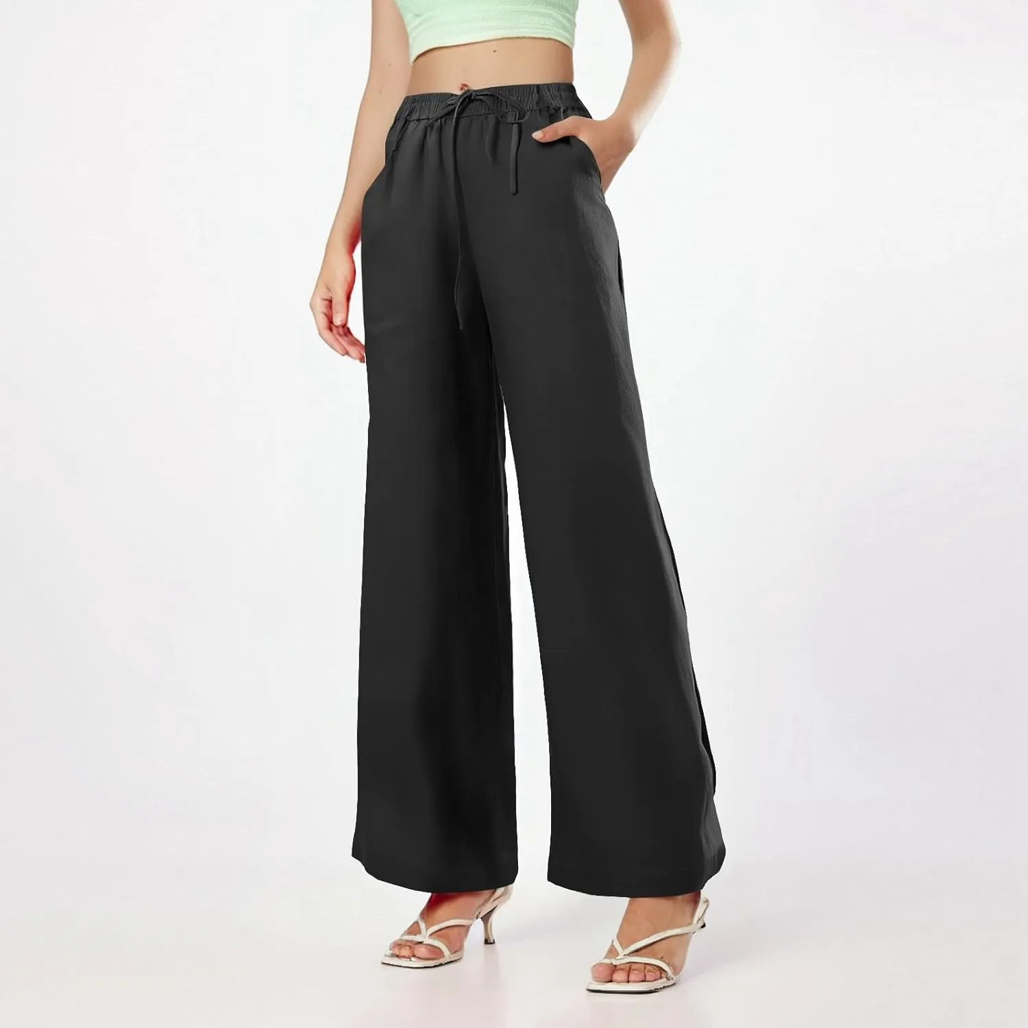 Yoga Pants with Pockets for Women High Waisted Flowy, Khaki Pants Cotton Linen Cargo Trousers Wide Leg Summer