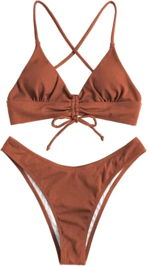 ZAFUL Women's Sexy Triangle Bikini Set Floral Print Spaghetti Strap 2 Piece Swimsuit Crisscross High Cut Bathing Suit