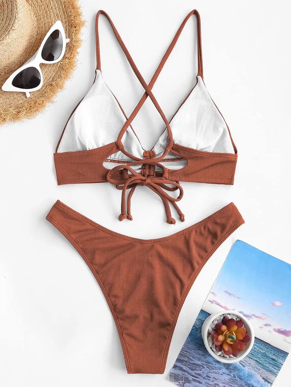 ZAFUL Women's Sexy Triangle Bikini Set Floral Print Spaghetti Strap 2 Piece Swimsuit Crisscross High Cut Bathing Suit