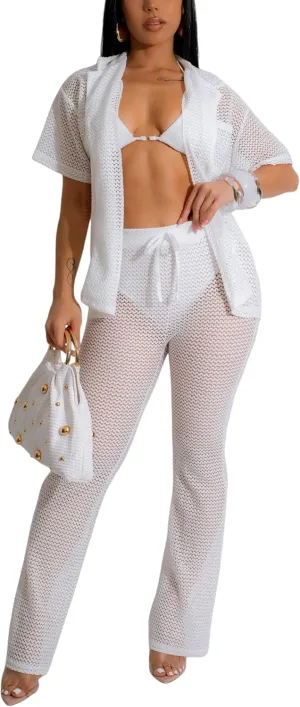 ZERMOM Women's 2 Piece Crochet Outfits Hollow Out Swimsuit Button Up Tops Wide Leg Pants Beach Sets
