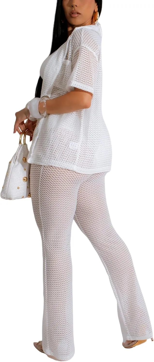 ZERMOM Women's 2 Piece Crochet Outfits Hollow Out Swimsuit Button Up Tops Wide Leg Pants Beach Sets
