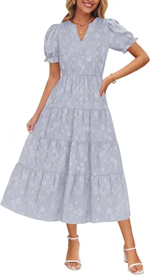 ZESICA Womens 2025 Summer Puff Short Sleeve Midi Dress Floral V Neck Textured Ruffle Flowy Beach Party Dresses