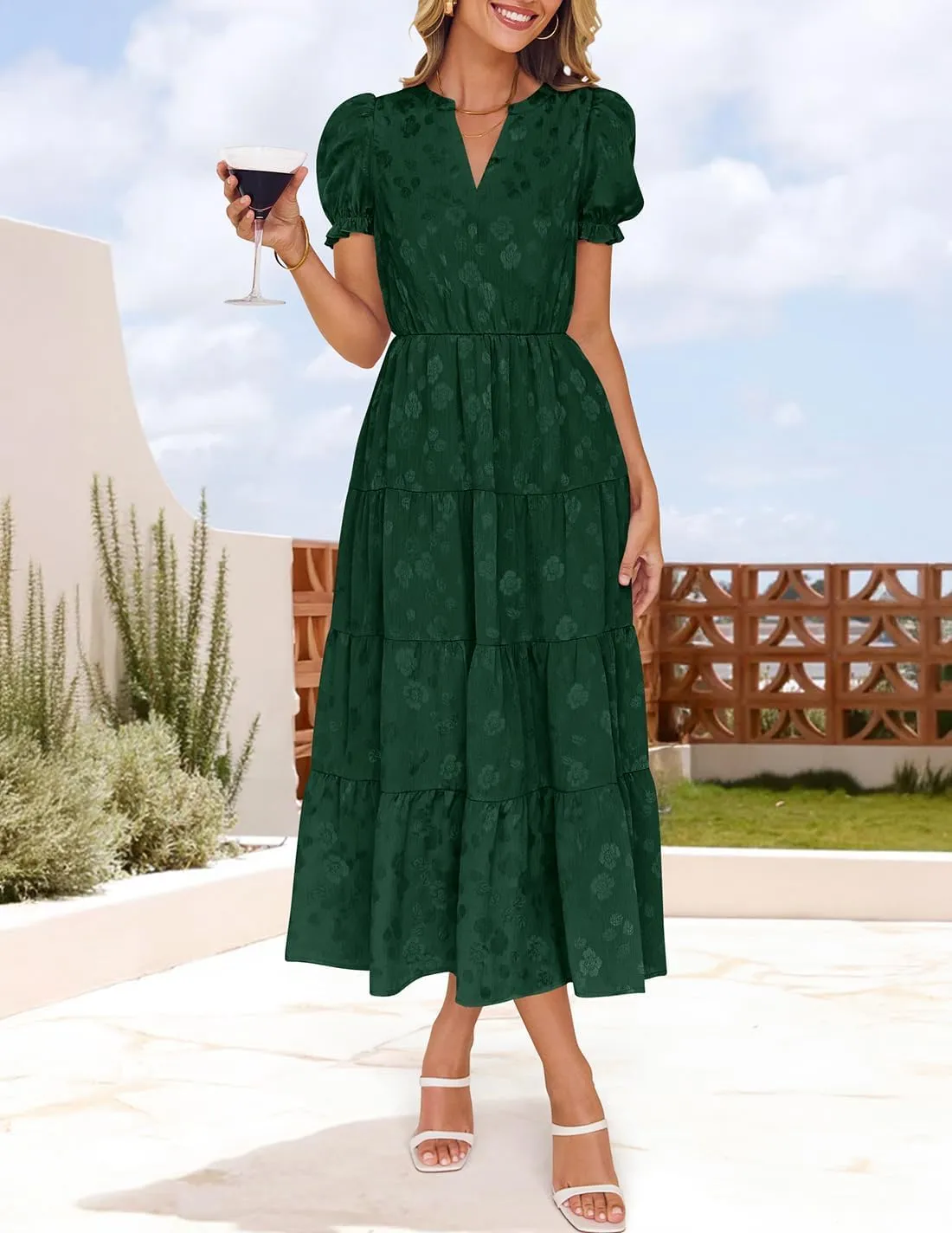 ZESICA Womens 2025 Summer Puff Short Sleeve Midi Dress Floral V Neck Textured Ruffle Flowy Beach Party Dresses