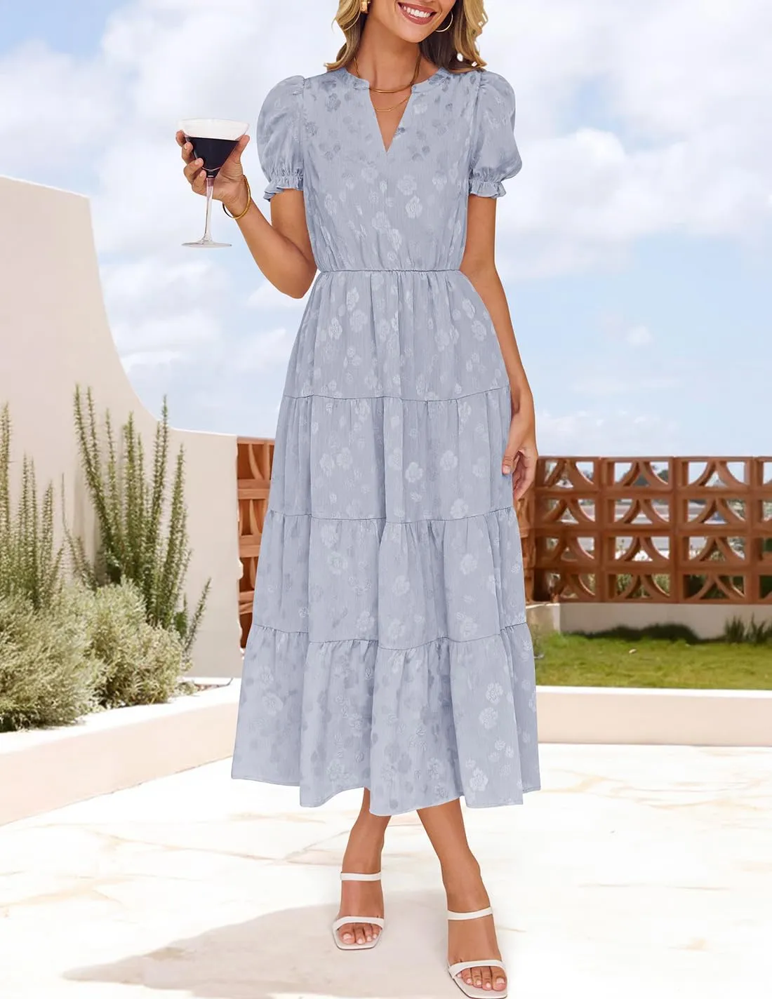 ZESICA Womens 2025 Summer Puff Short Sleeve Midi Dress Floral V Neck Textured Ruffle Flowy Beach Party Dresses
