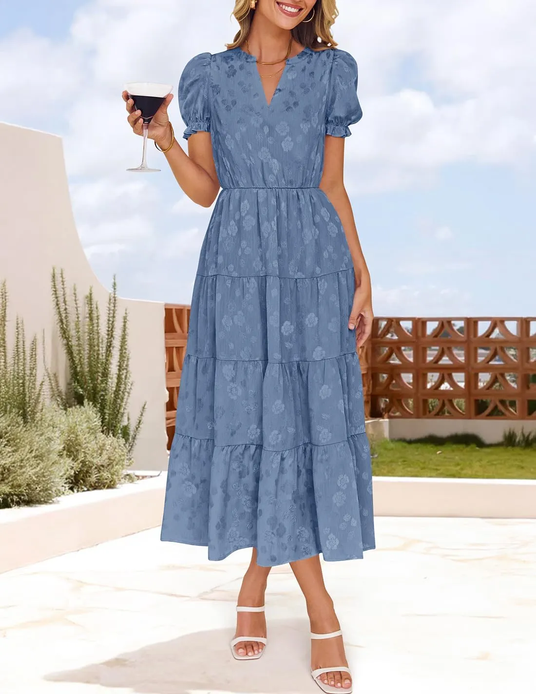 ZESICA Womens 2025 Summer Puff Short Sleeve Midi Dress Floral V Neck Textured Ruffle Flowy Beach Party Dresses