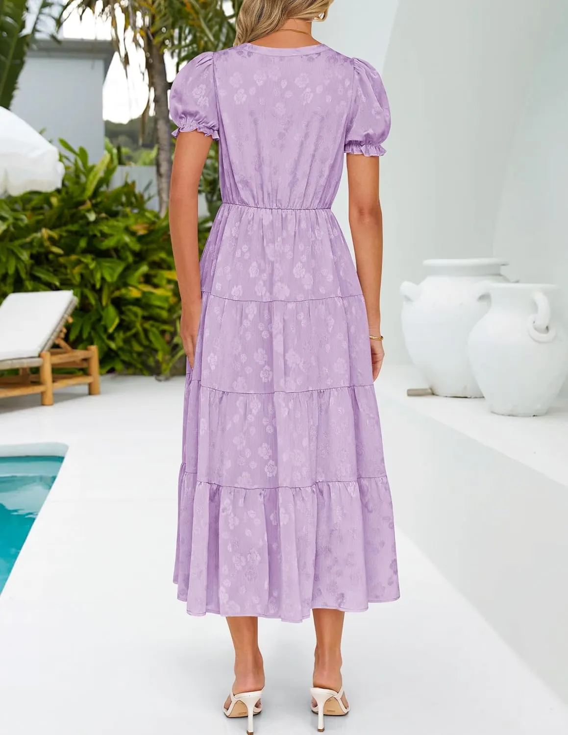 ZESICA Womens 2025 Summer Puff Short Sleeve Midi Dress Floral V Neck Textured Ruffle Flowy Beach Party Dresses