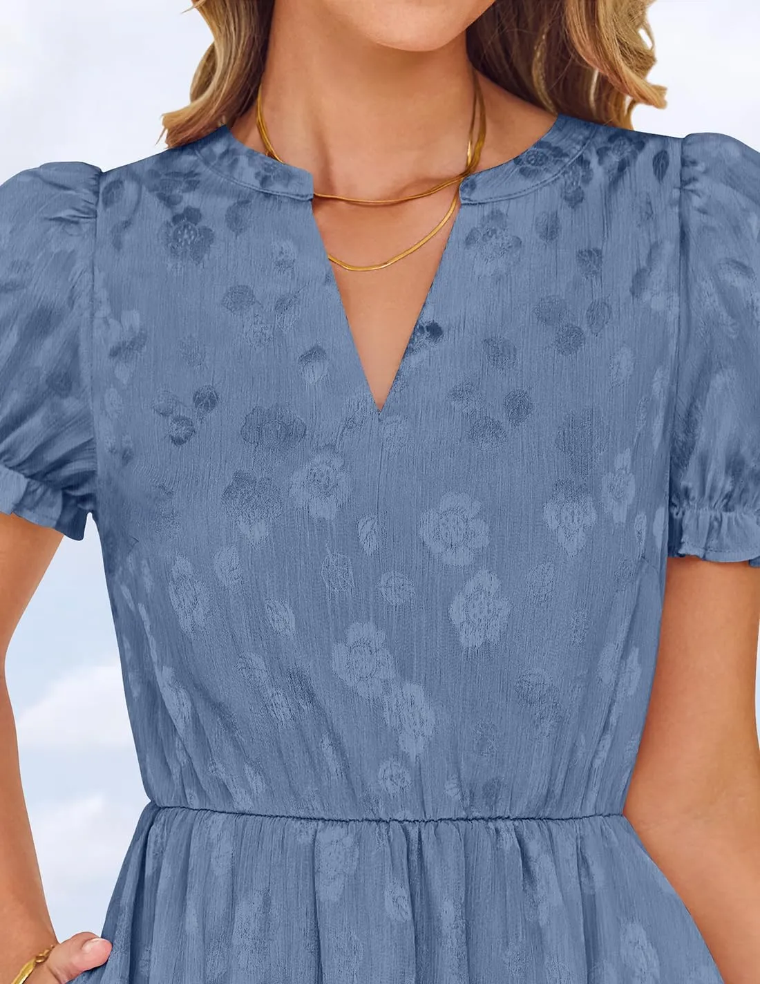ZESICA Womens 2025 Summer Puff Short Sleeve Midi Dress Floral V Neck Textured Ruffle Flowy Beach Party Dresses