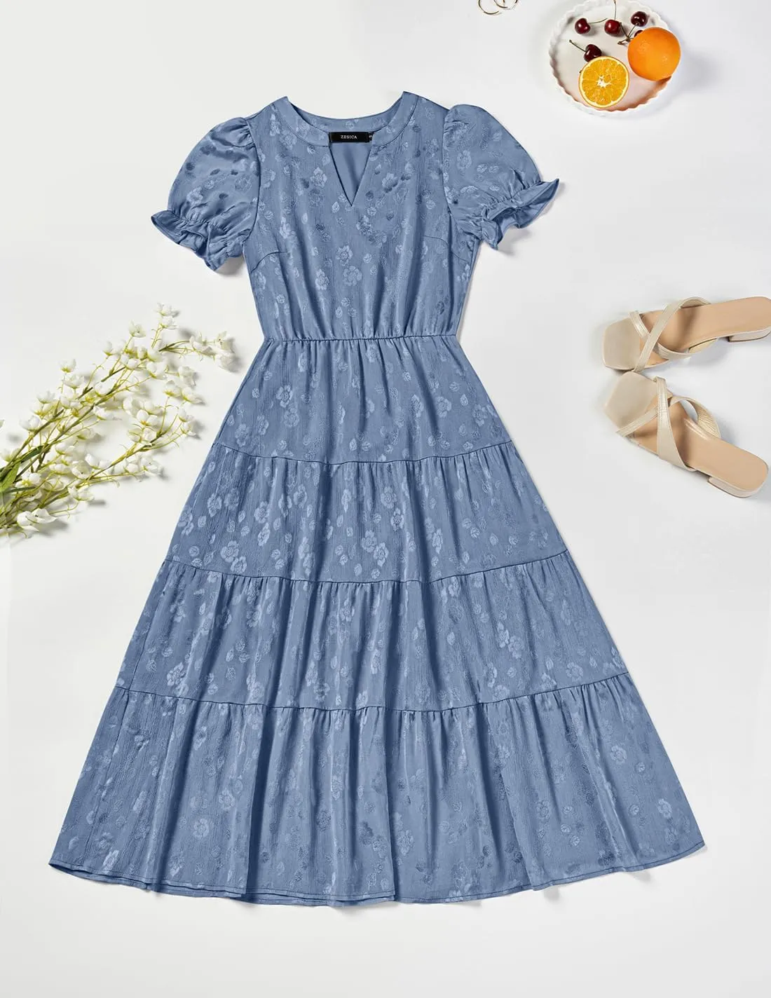 ZESICA Womens 2025 Summer Puff Short Sleeve Midi Dress Floral V Neck Textured Ruffle Flowy Beach Party Dresses