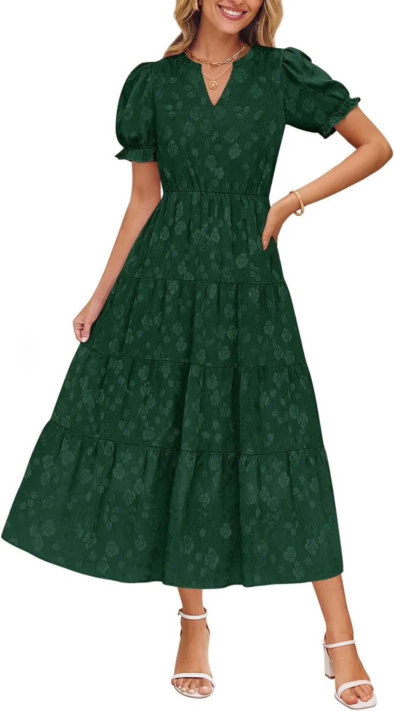 ZESICA Womens 2025 Summer Puff Short Sleeve Midi Dress Floral V Neck Textured Ruffle Flowy Beach Party Dresses