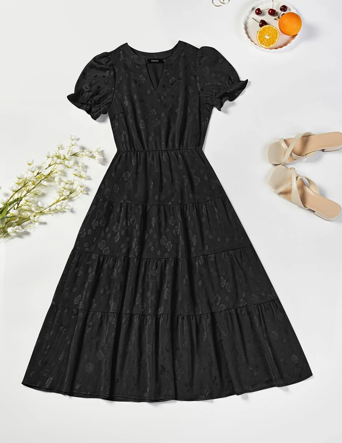 ZESICA Womens 2025 Summer Puff Short Sleeve Midi Dress Floral V Neck Textured Ruffle Flowy Beach Party Dresses