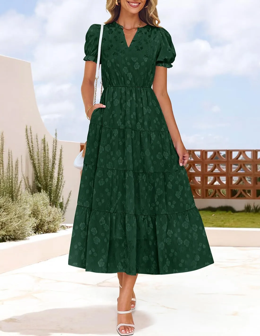 ZESICA Womens 2025 Summer Puff Short Sleeve Midi Dress Floral V Neck Textured Ruffle Flowy Beach Party Dresses