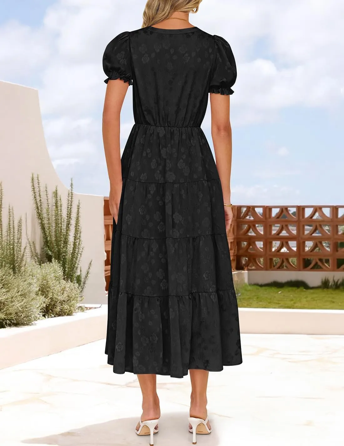 ZESICA Womens 2025 Summer Puff Short Sleeve Midi Dress Floral V Neck Textured Ruffle Flowy Beach Party Dresses