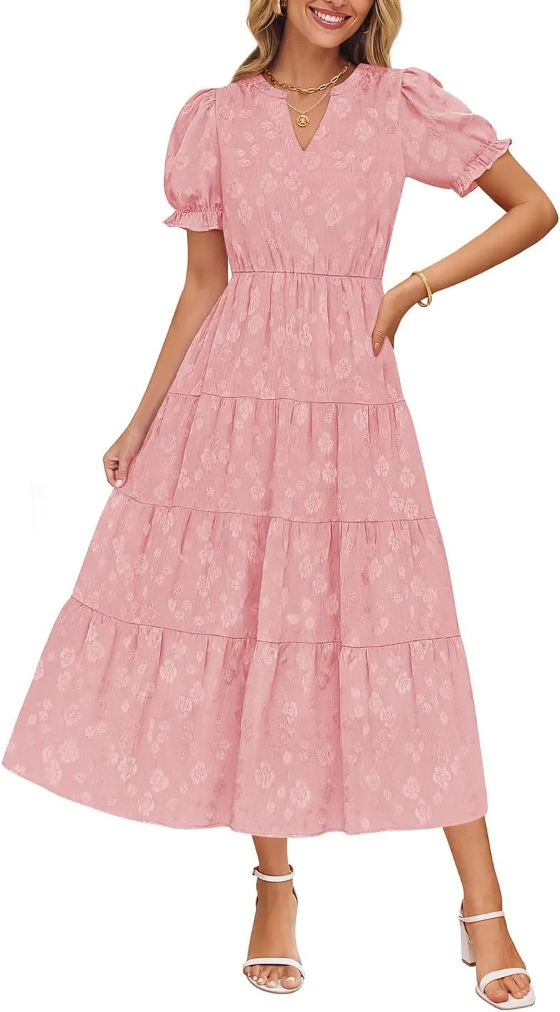 ZESICA Womens 2025 Summer Puff Short Sleeve Midi Dress Floral V Neck Textured Ruffle Flowy Beach Party Dresses
