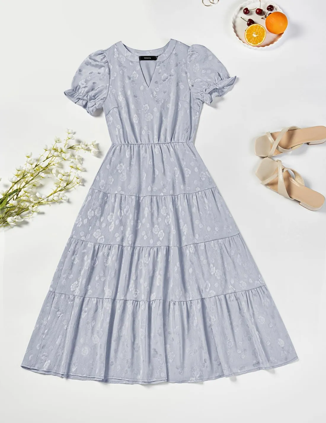 ZESICA Womens 2025 Summer Puff Short Sleeve Midi Dress Floral V Neck Textured Ruffle Flowy Beach Party Dresses