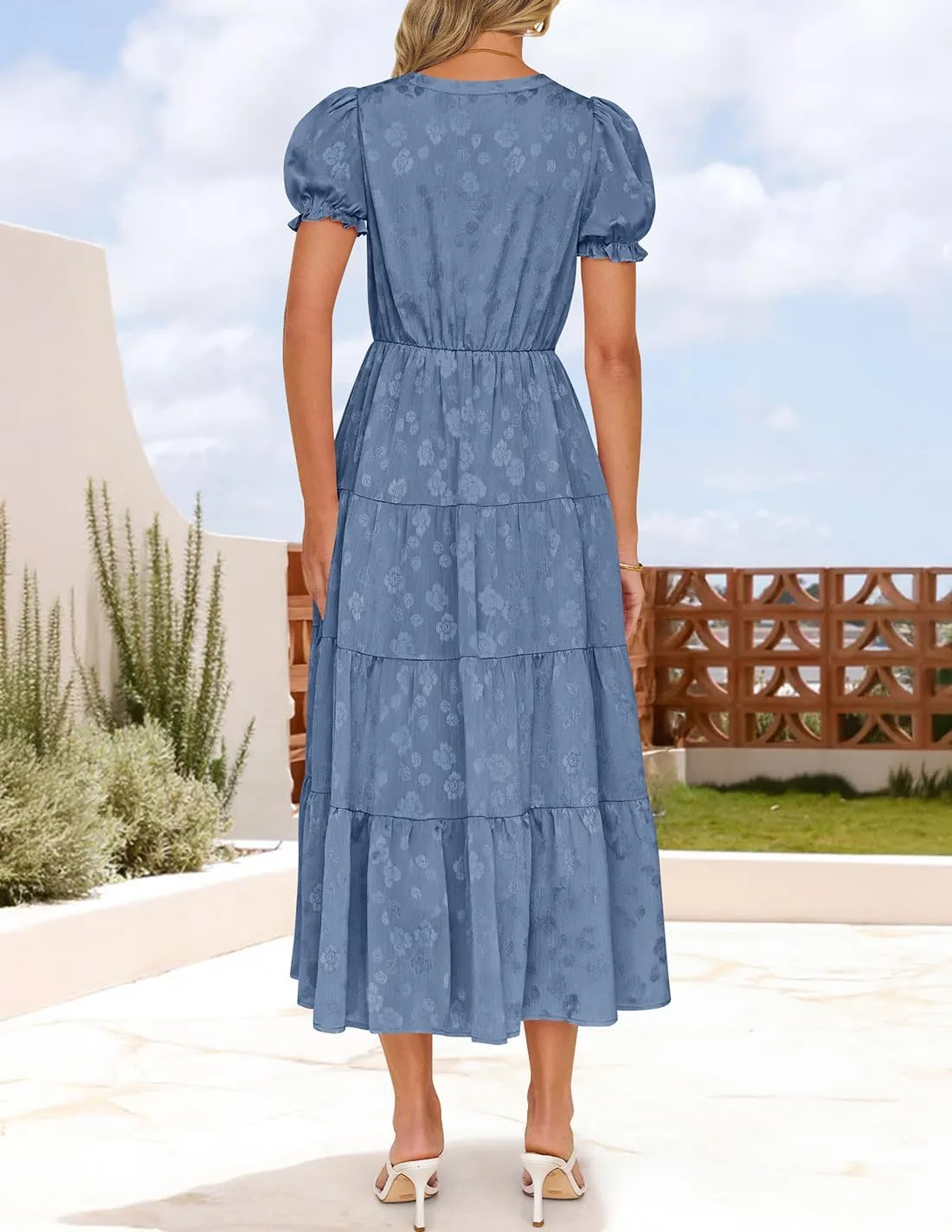 ZESICA Womens 2025 Summer Puff Short Sleeve Midi Dress Floral V Neck Textured Ruffle Flowy Beach Party Dresses