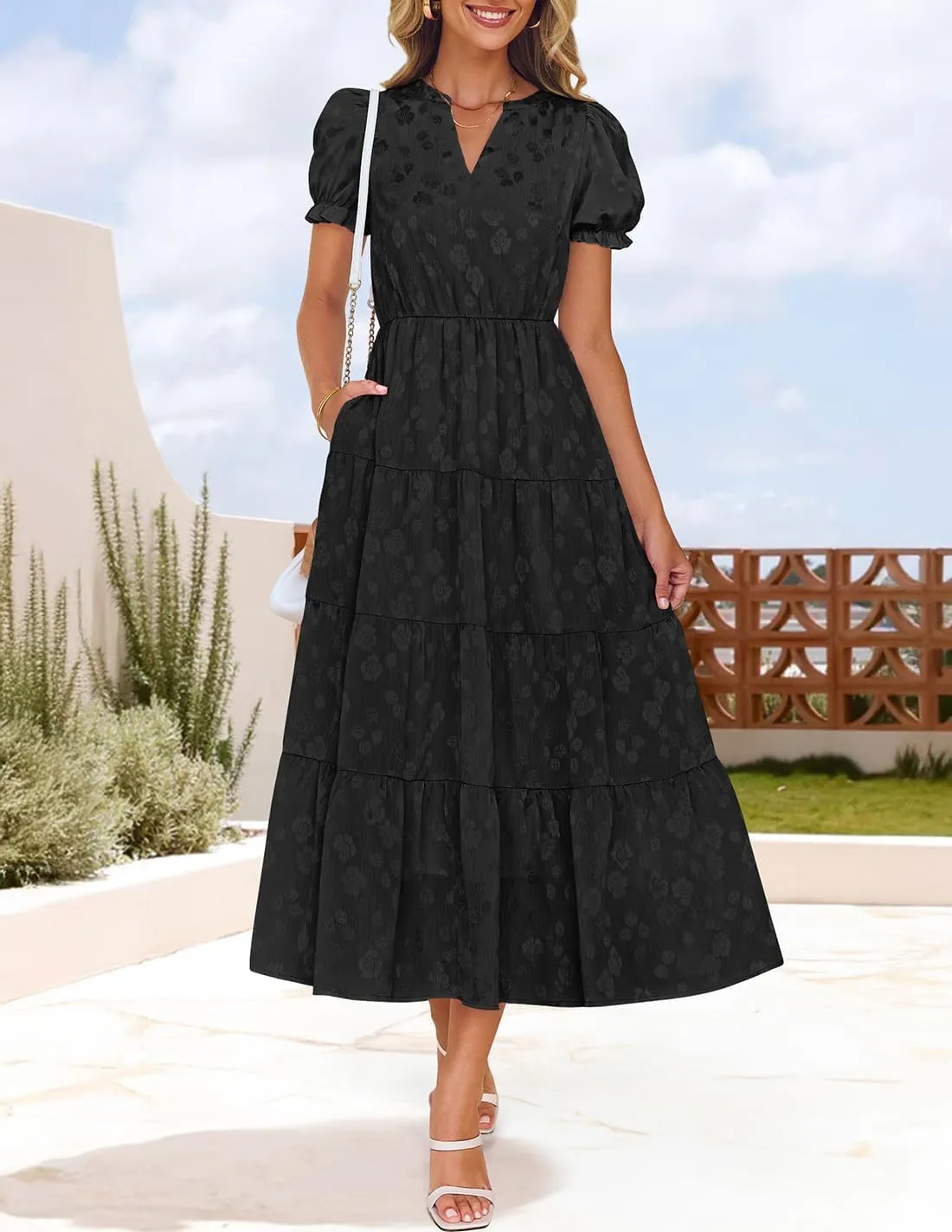 ZESICA Womens 2025 Summer Puff Short Sleeve Midi Dress Floral V Neck Textured Ruffle Flowy Beach Party Dresses