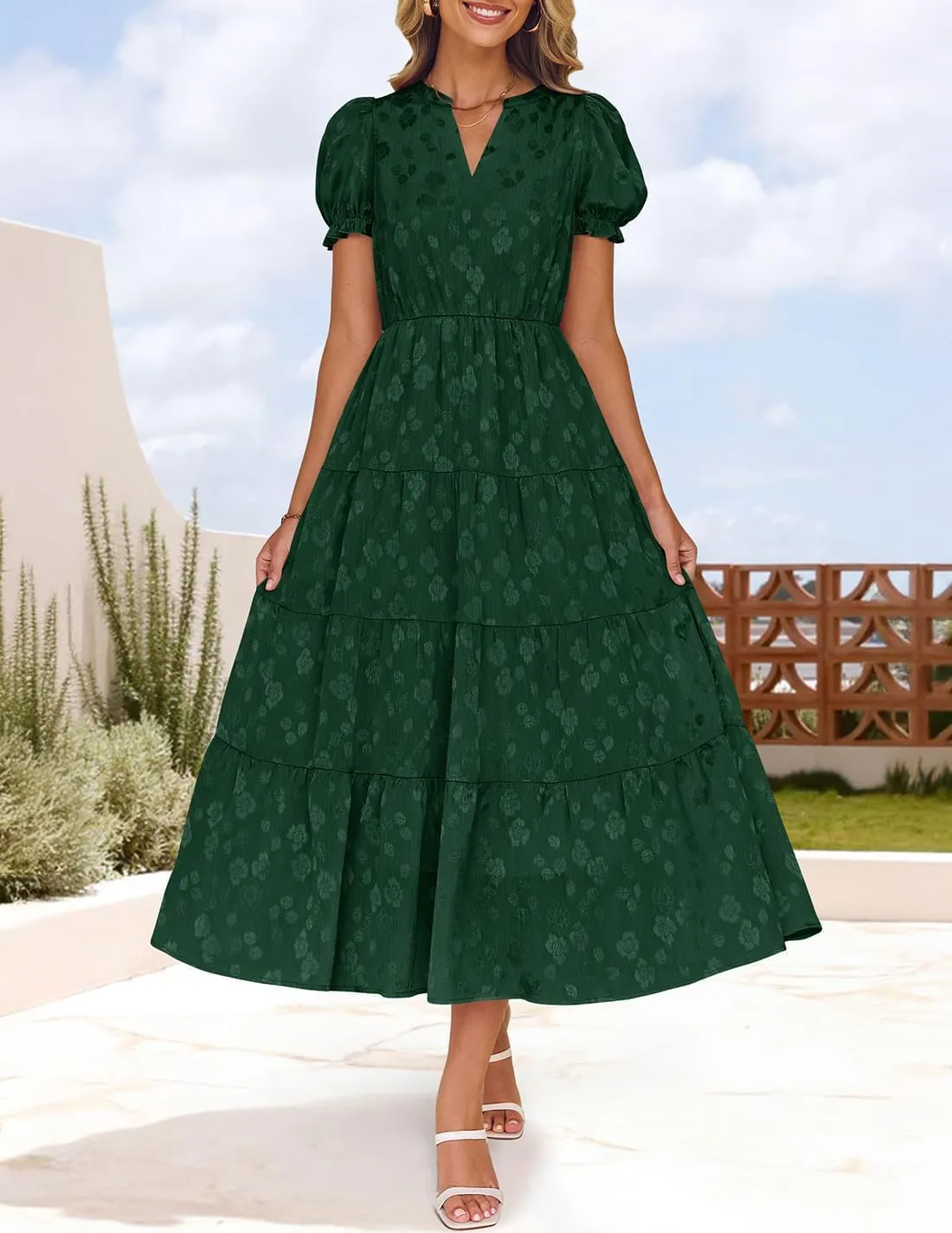 ZESICA Womens 2025 Summer Puff Short Sleeve Midi Dress Floral V Neck Textured Ruffle Flowy Beach Party Dresses