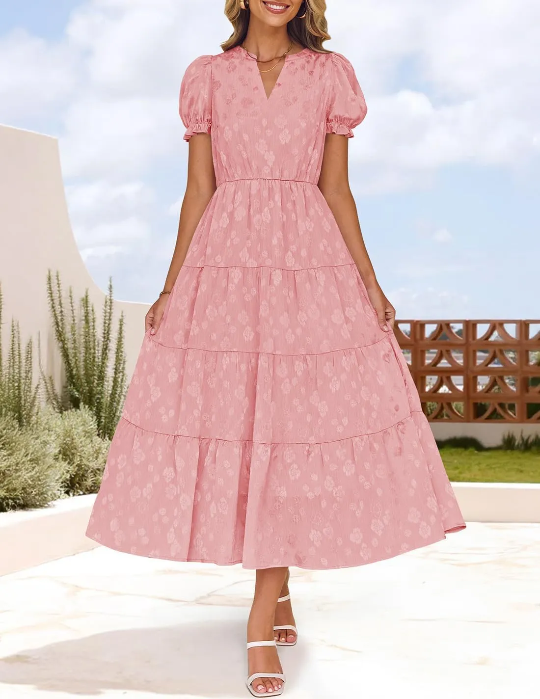 ZESICA Womens 2025 Summer Puff Short Sleeve Midi Dress Floral V Neck Textured Ruffle Flowy Beach Party Dresses