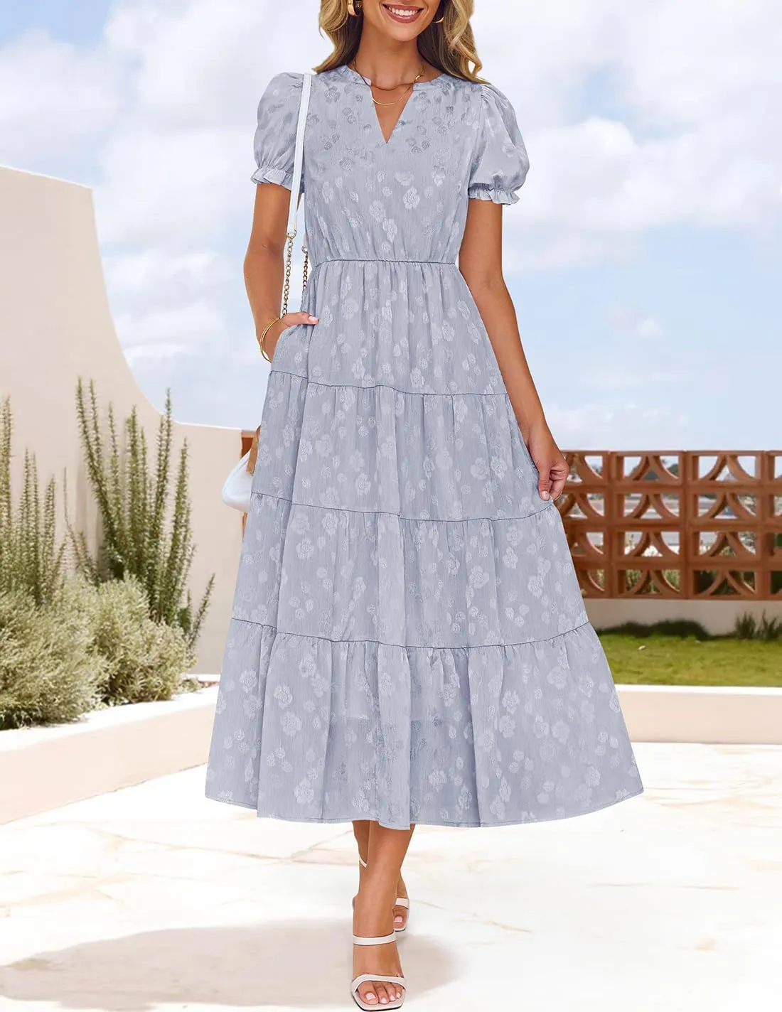 ZESICA Womens 2025 Summer Puff Short Sleeve Midi Dress Floral V Neck Textured Ruffle Flowy Beach Party Dresses