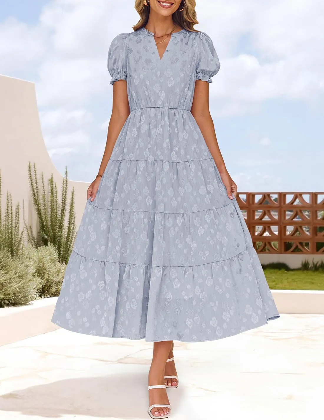 ZESICA Womens 2025 Summer Puff Short Sleeve Midi Dress Floral V Neck Textured Ruffle Flowy Beach Party Dresses