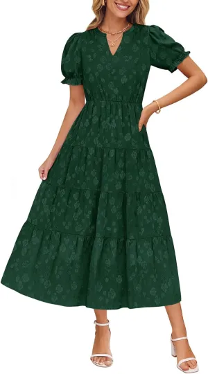 ZESICA Womens 2025 Summer Puff Short Sleeve Midi Dress Floral V Neck Textured Ruffle Flowy Beach Party Dresses