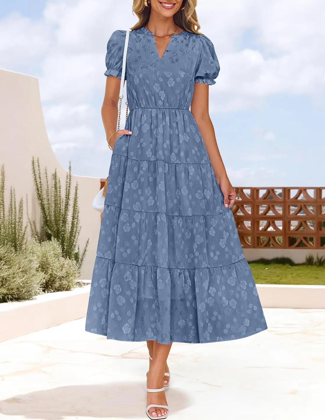 ZESICA Womens 2025 Summer Puff Short Sleeve Midi Dress Floral V Neck Textured Ruffle Flowy Beach Party Dresses