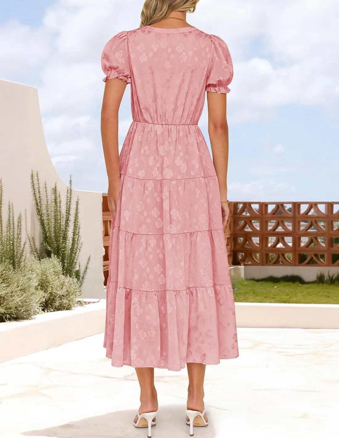 ZESICA Womens 2025 Summer Puff Short Sleeve Midi Dress Floral V Neck Textured Ruffle Flowy Beach Party Dresses