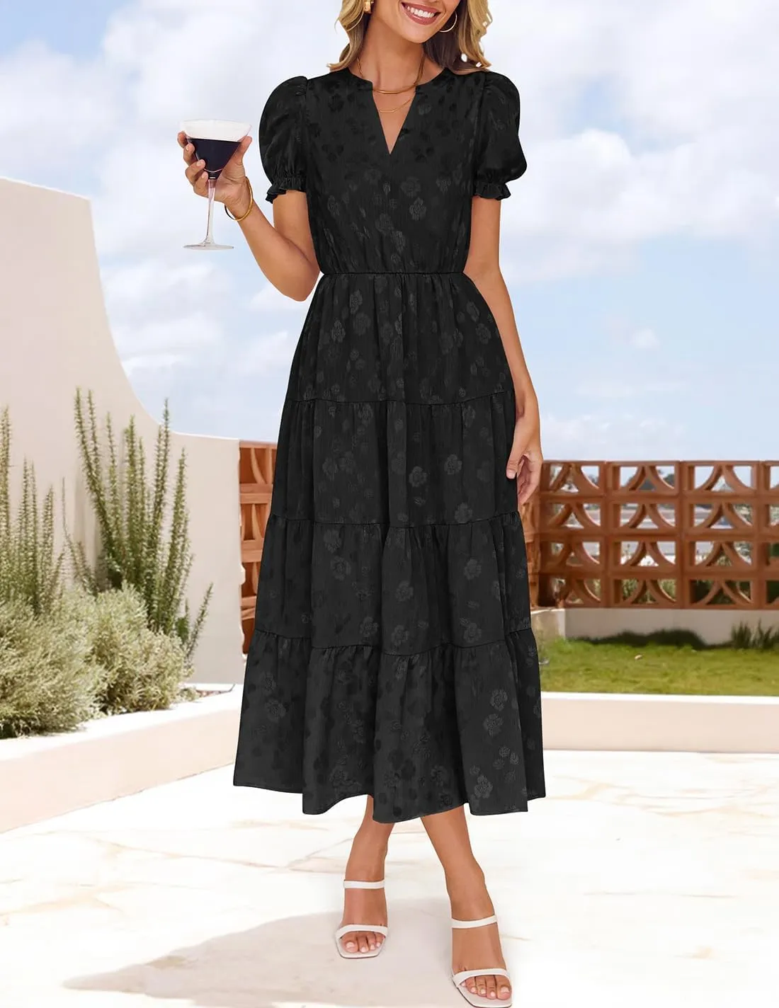 ZESICA Womens 2025 Summer Puff Short Sleeve Midi Dress Floral V Neck Textured Ruffle Flowy Beach Party Dresses