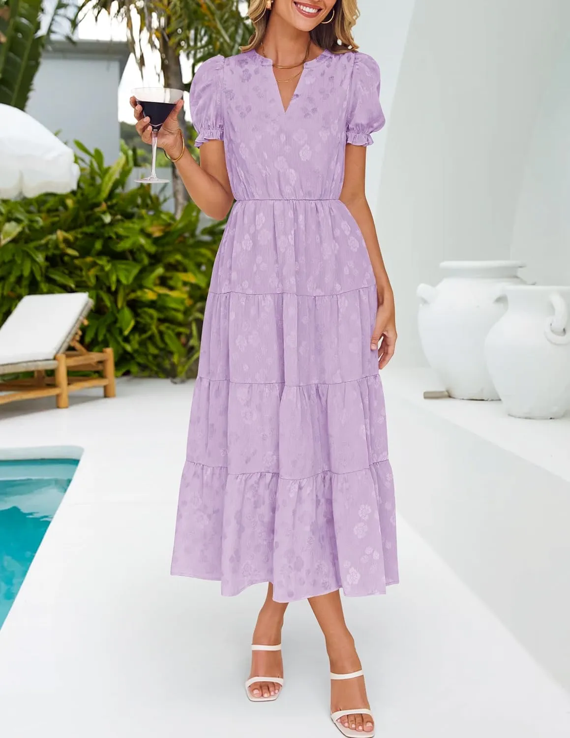 ZESICA Womens 2025 Summer Puff Short Sleeve Midi Dress Floral V Neck Textured Ruffle Flowy Beach Party Dresses