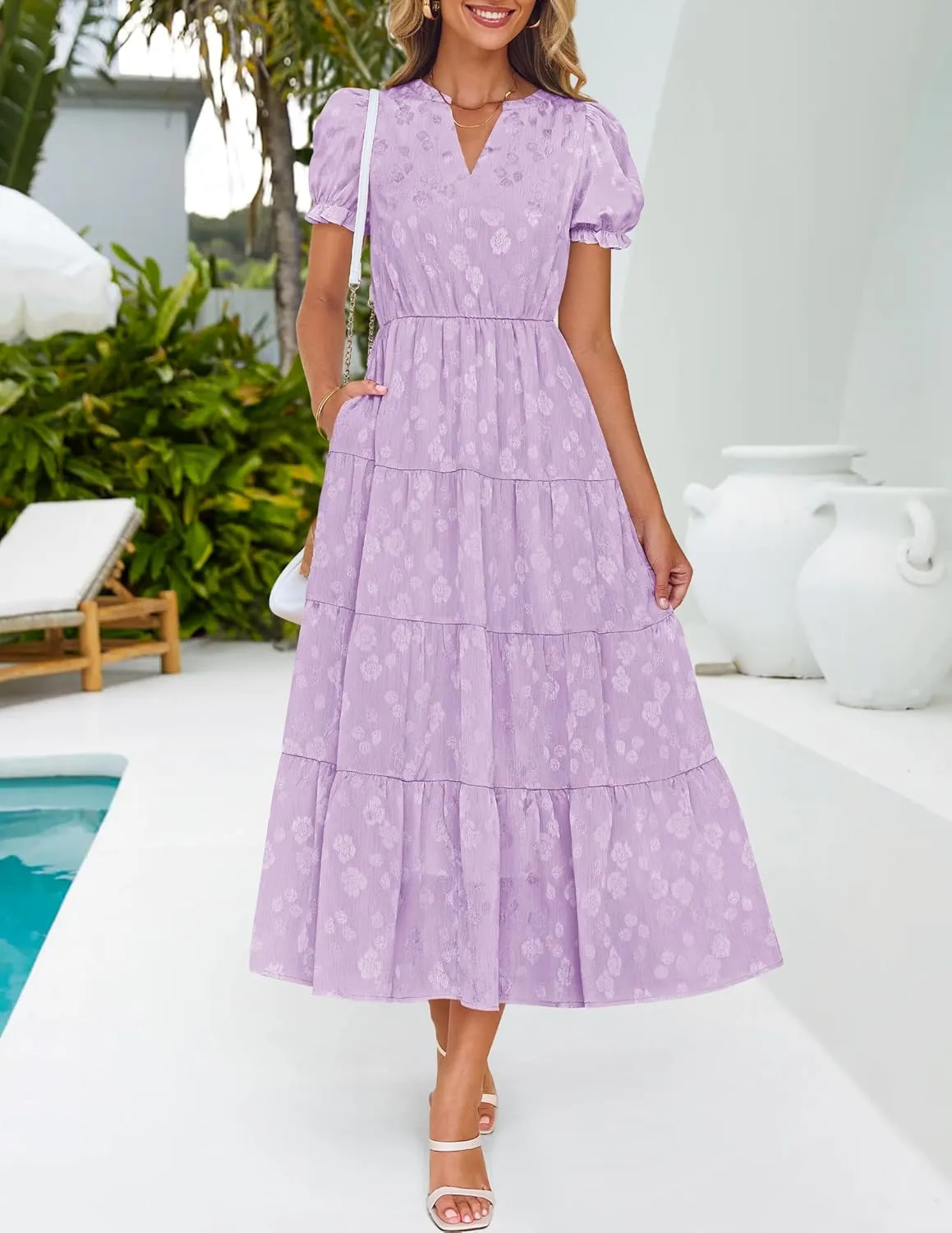 ZESICA Womens 2025 Summer Puff Short Sleeve Midi Dress Floral V Neck Textured Ruffle Flowy Beach Party Dresses