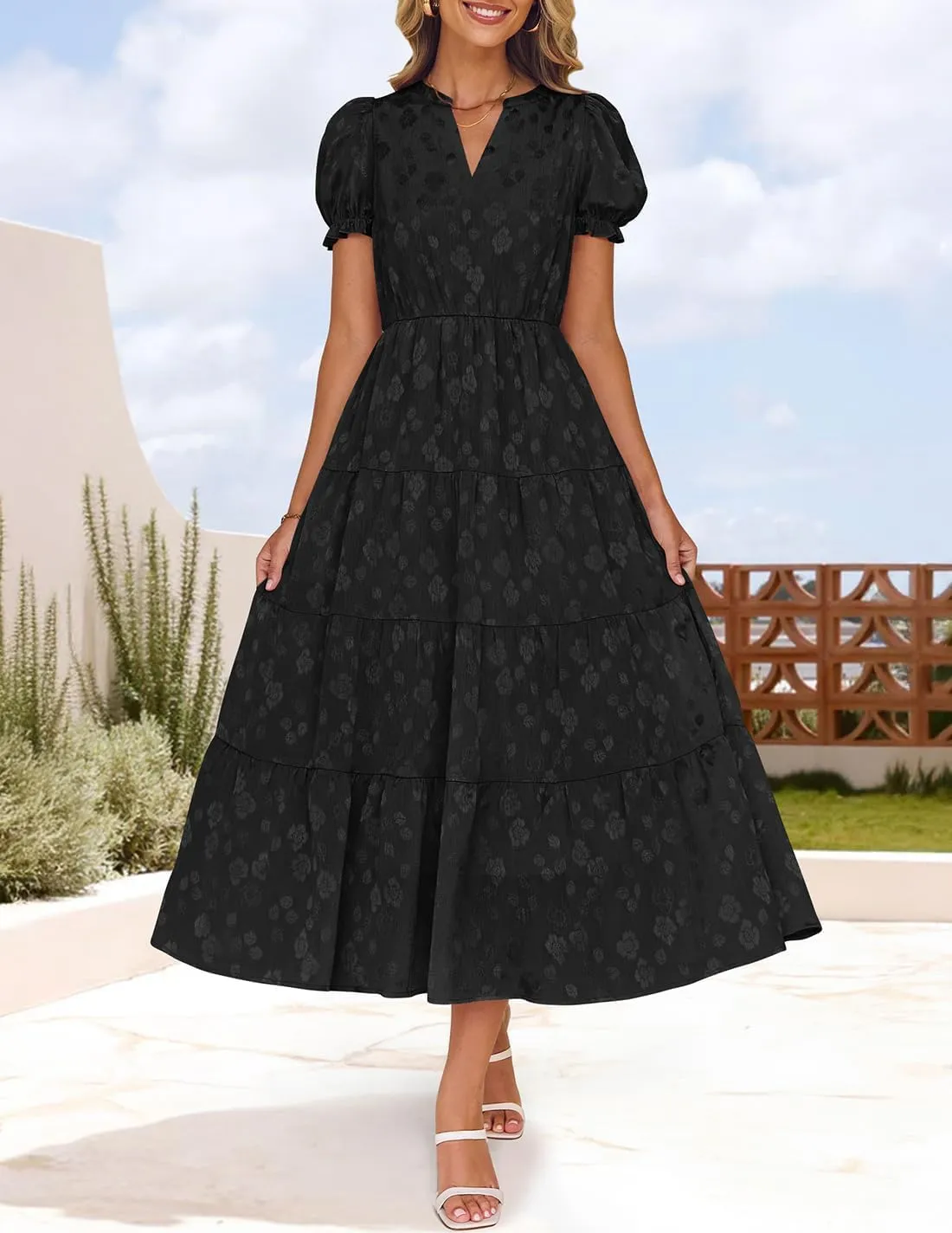 ZESICA Womens 2025 Summer Puff Short Sleeve Midi Dress Floral V Neck Textured Ruffle Flowy Beach Party Dresses
